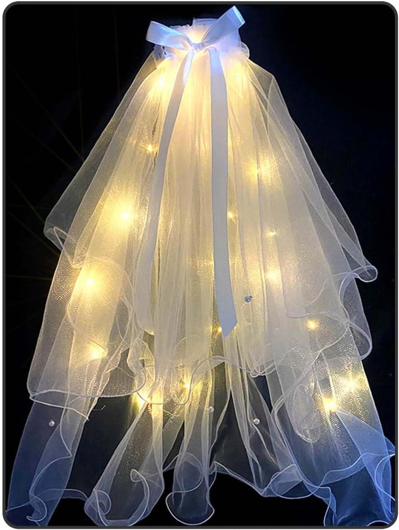 Foyte Light Up Wedding Bridal Veil 2 Tiers Bride Pearl Veils LED Bachelorette Bridal Hair Bow Short Tulle Hair Accessories - Image 1